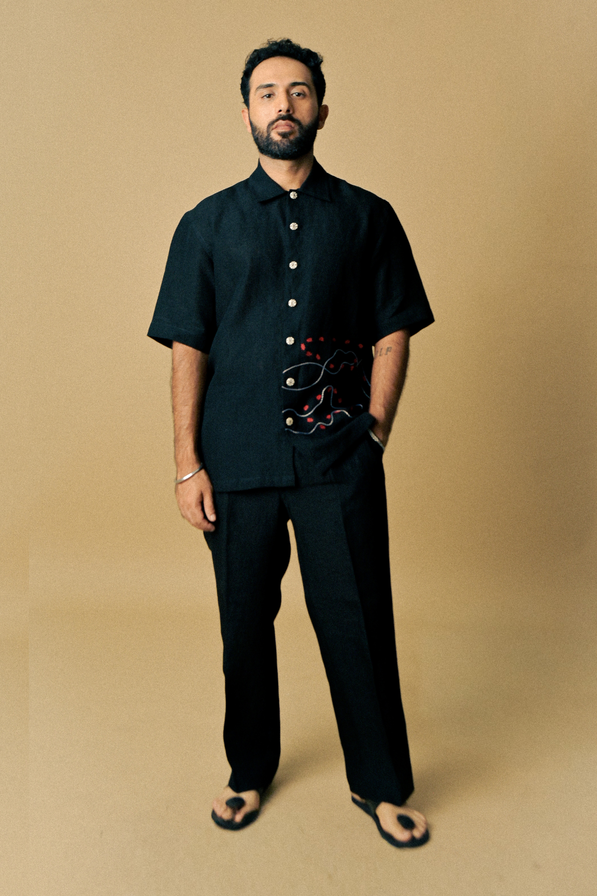 Holiday Shirt - Ant Aari Embroidery in ‘Handloom Black Linen’