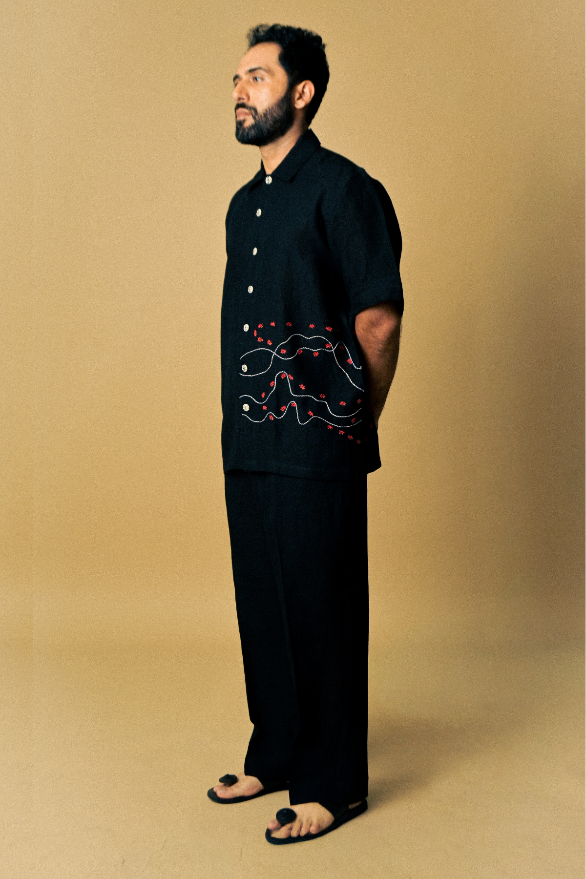 Holiday Shirt - Ant Aari Embroidery in ‘Handloom Black Linen’