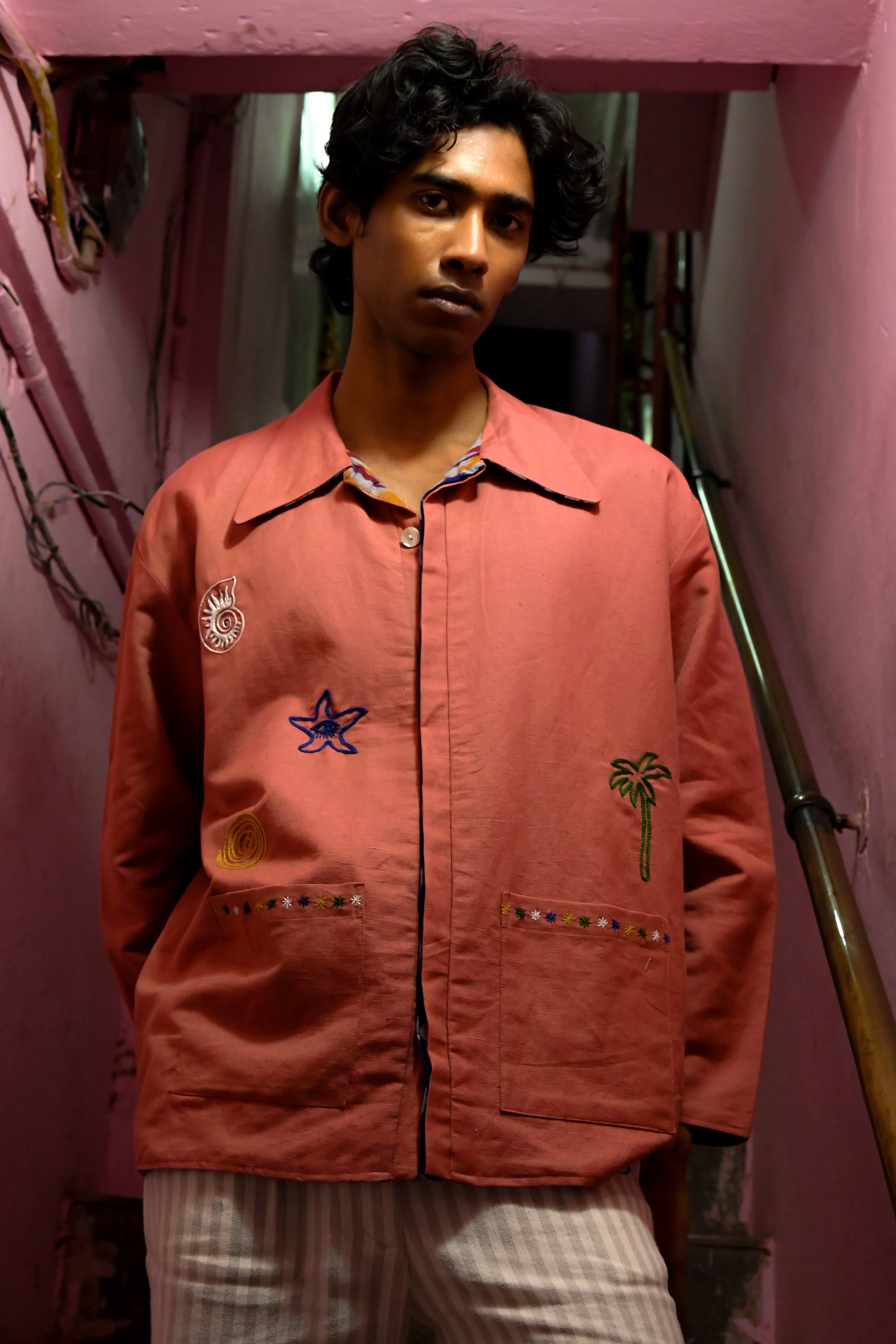 Lotus Reversible Double Ikat Shacket – Handcrafted, reversible, hand-embroidered on reclaimed linen.