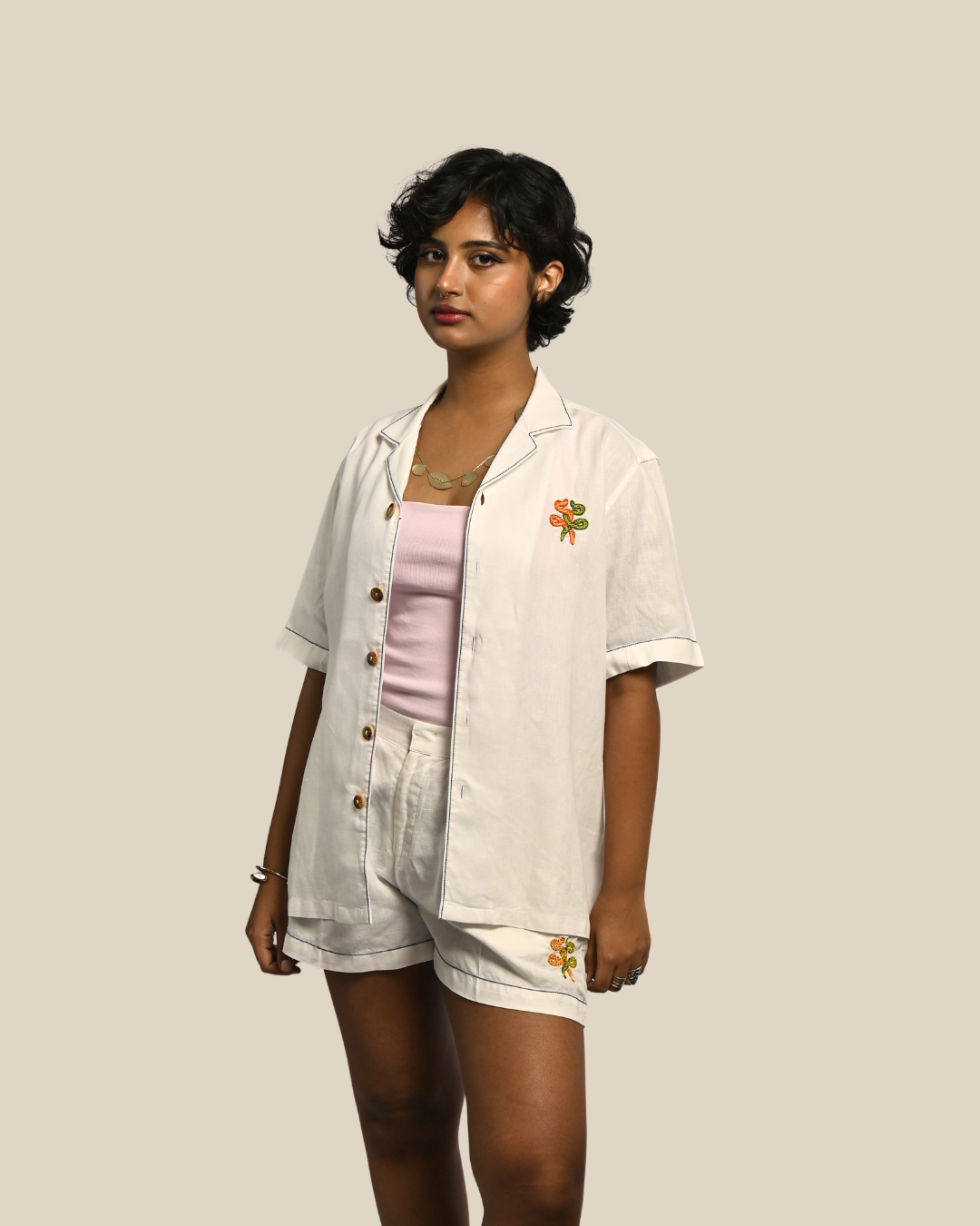 Taj Shirt – White Aari Embroidery in 'Linen'