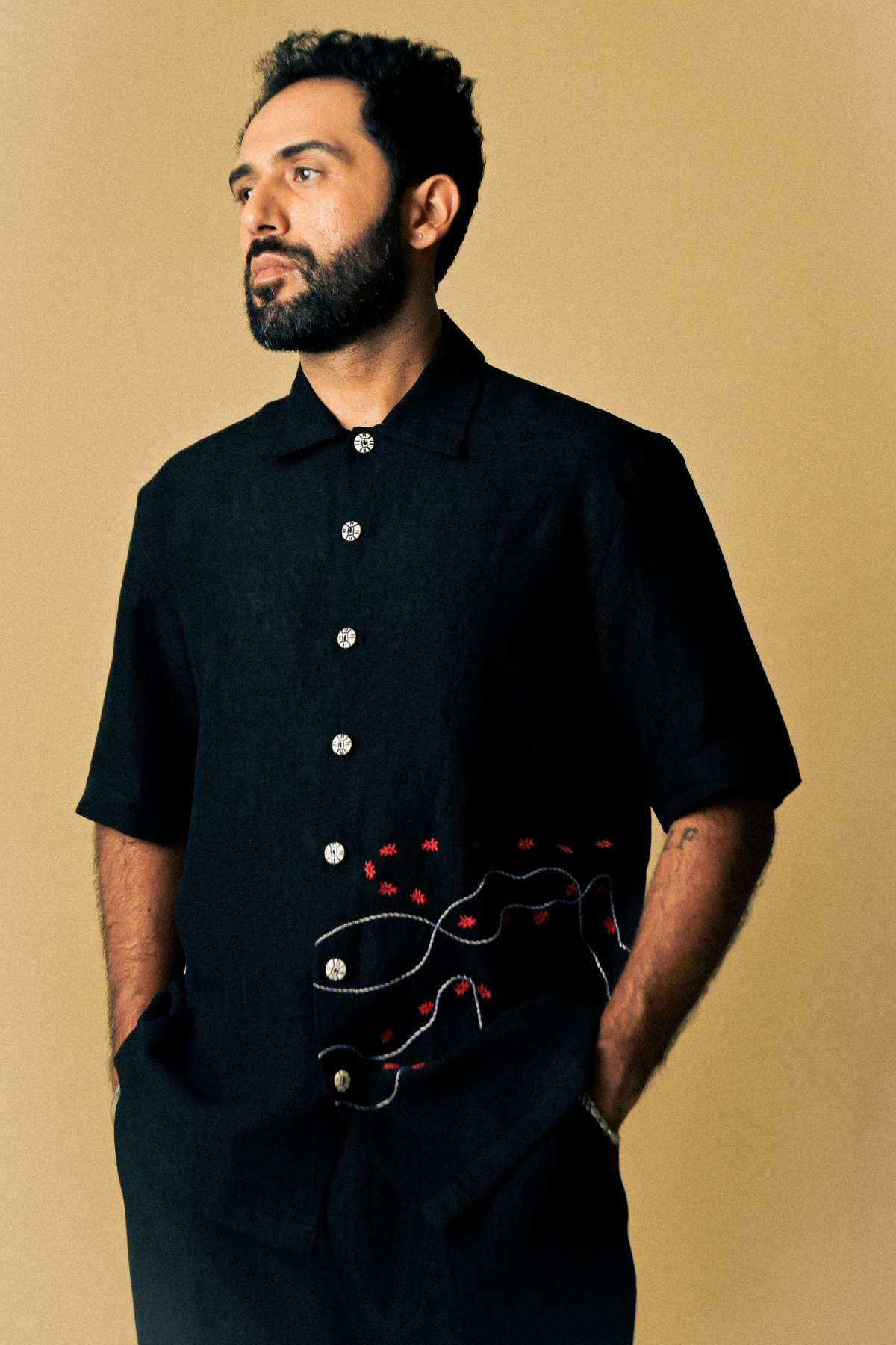 Holiday Shirt - Ant Aari Embroidery in ‘Handloom Black Linen’