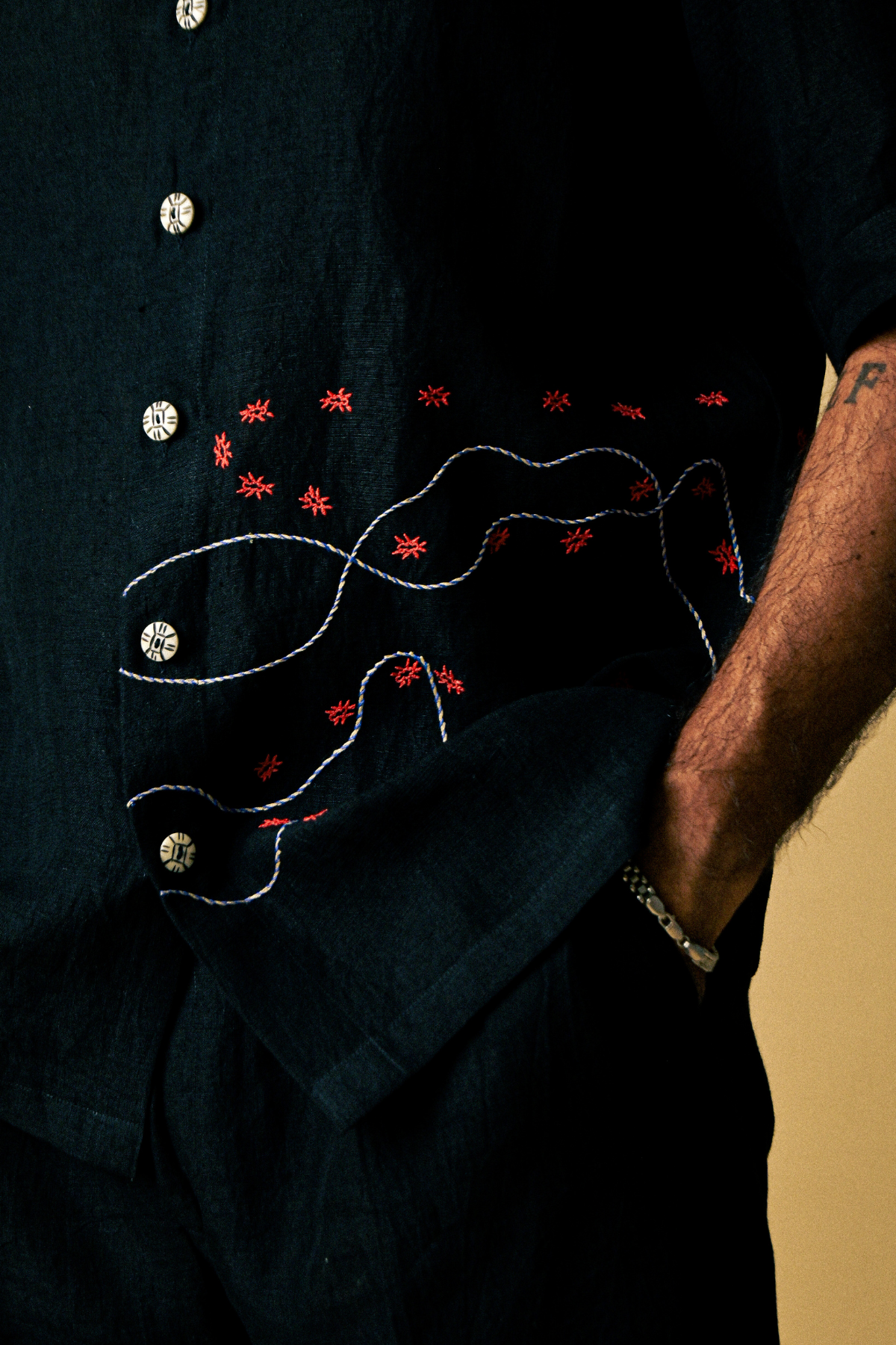 Holiday Shirt - Ant Aari Embroidery in ‘Handloom Black Linen’