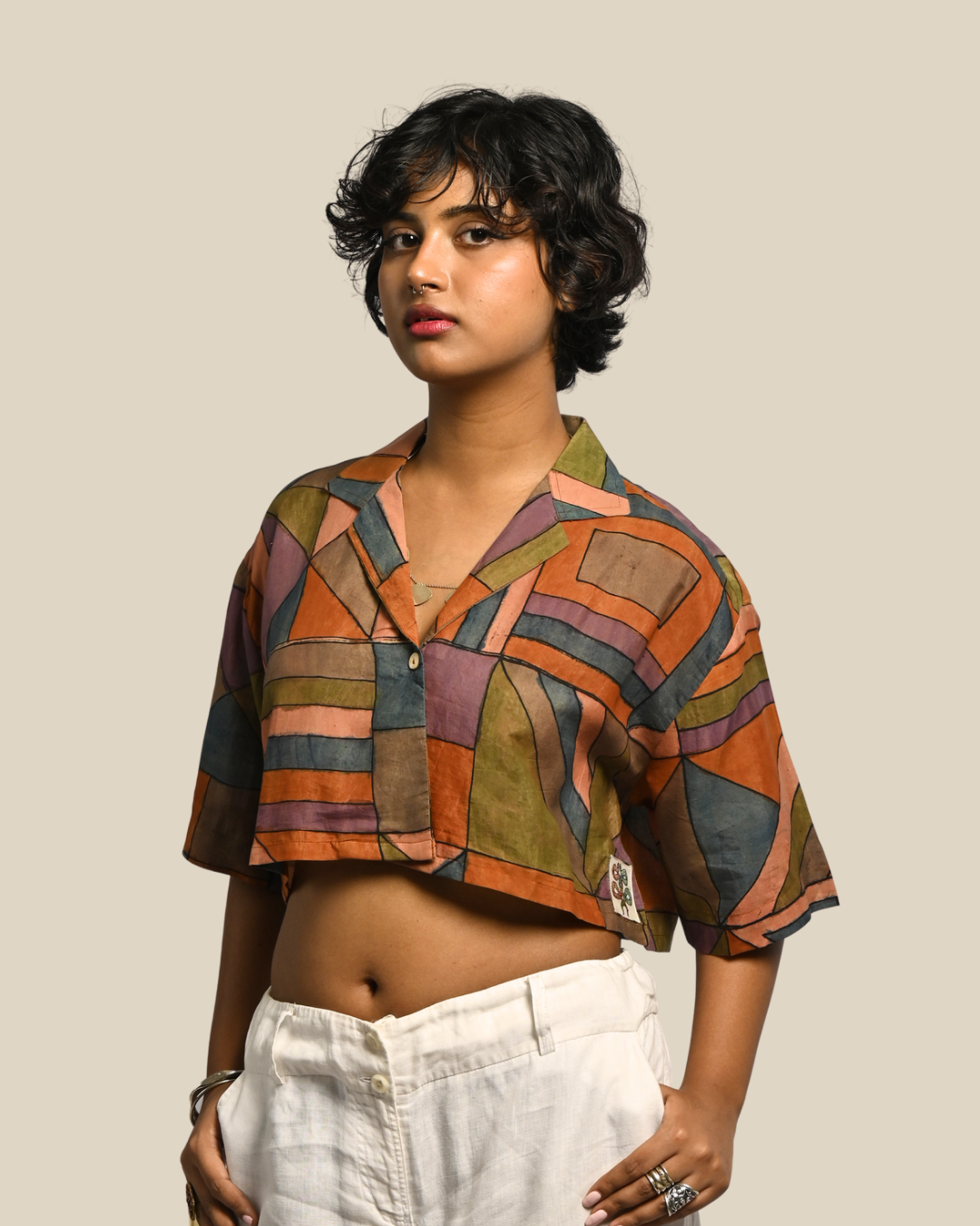 Nibbled Kalam Shirt – Tetris Hand-Painted 'Kalamkari'