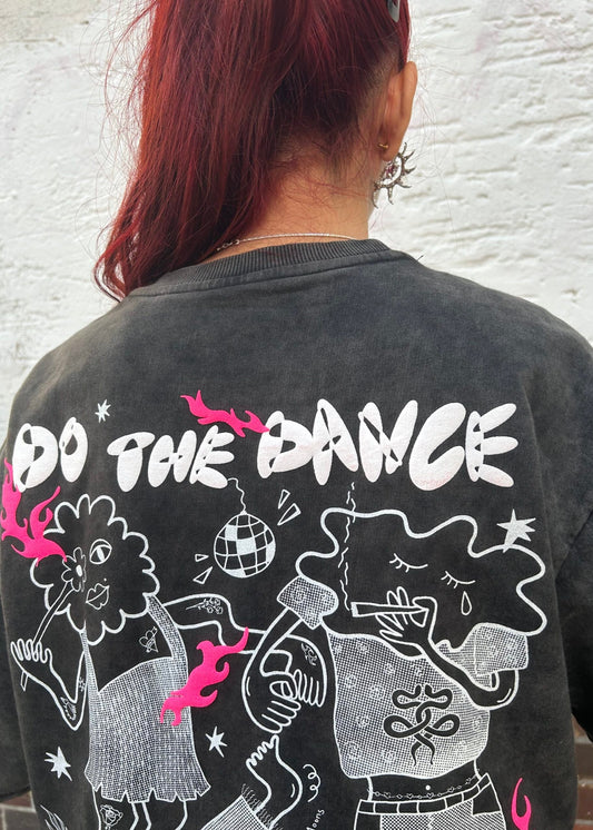 All Must Dance – organic cotton, acid-washed with Paradise Tender's artwork.