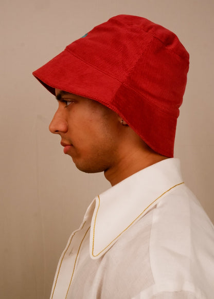 Corduroy Aari Bucket Hat – one-size, hand-embroidered serpent, ethically crafted.