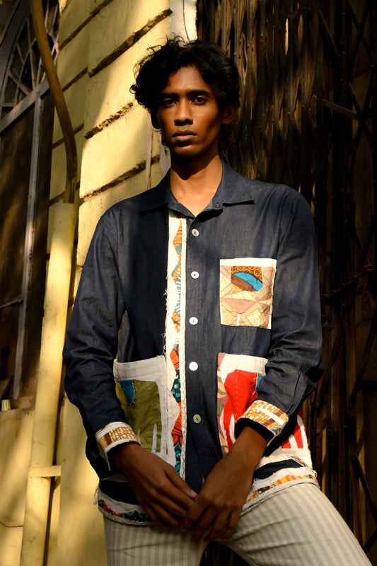 Voyager Denim One-of-One Shirt – Hand-appliquéd using upcycled fabric, 200GSM denim.