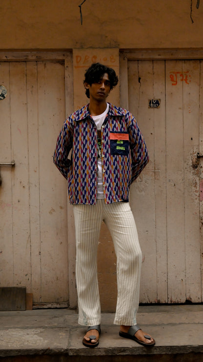 Ghalib Reversible Ikat Appliqué Shacket – Handcrafted, reversible, hand-embroidered on reclaimed linen.