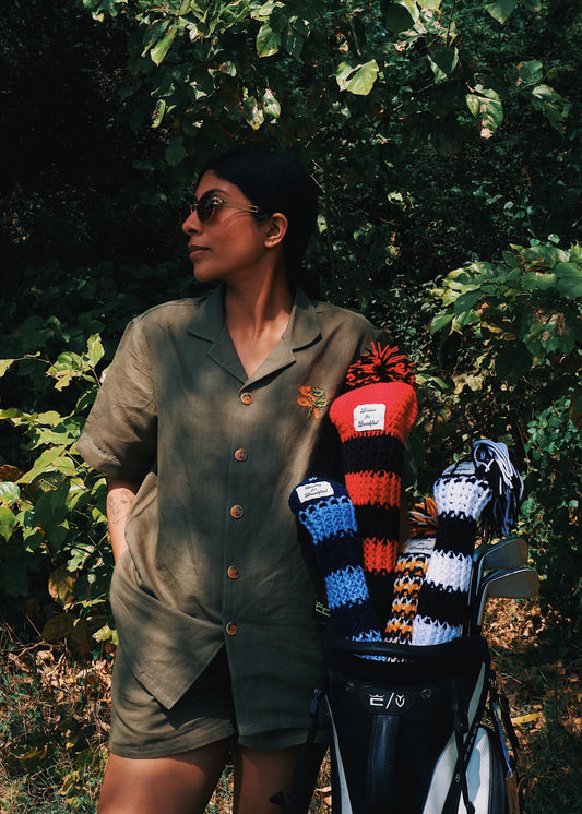 Olive Linen Co-Ord – 100% linen with hand embroidery, safari-inspired elegance.