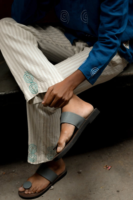 Spiral Striped Linen Pants – relaxed fit with Aari embroidery & signature motifs.