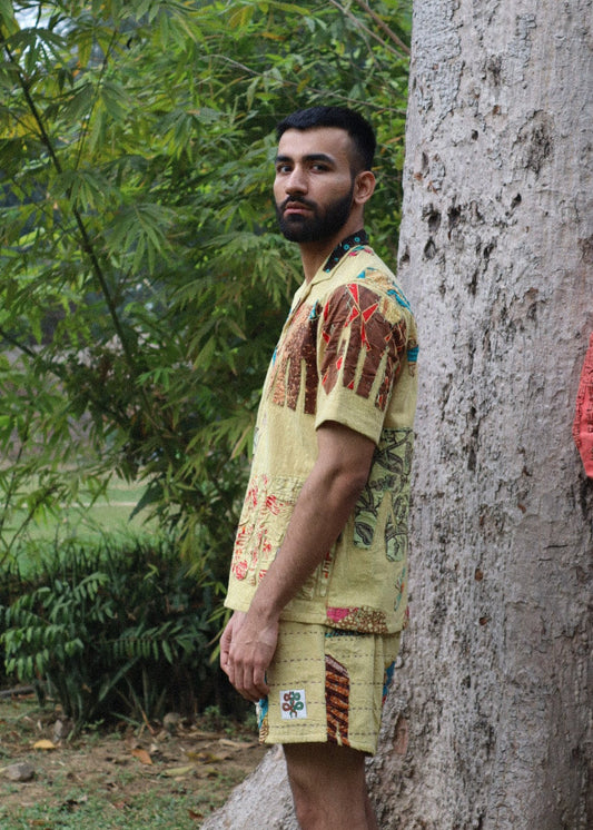 Tusker 'Kantha Appliqué' Shirt in organic cotton with Cuban collar and vintage design.