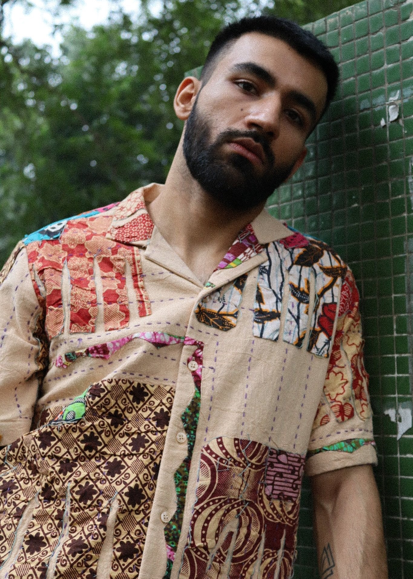 Tusker 'Kantha Appliqué' Shirt in organic cotton with Cuban collar and vintage design.
