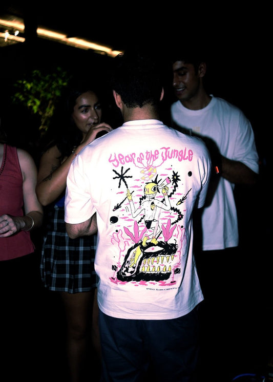 Acid in the Jungle – 180 GSM drop-shoulder tee with puff & screen print.